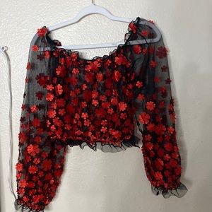 Fashion Nova Off the shoulder embroidered mesh top